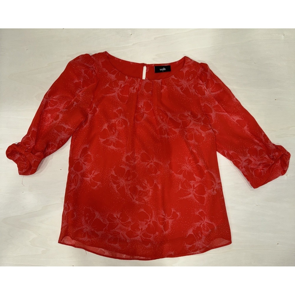 Wallis  Vibrant Coral Orange Butterfly Print Floral Blouse - Size Small